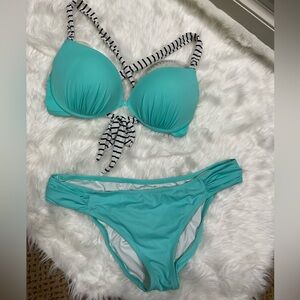 Victoria's Secret Blue Teal Bikini with Striped Straps